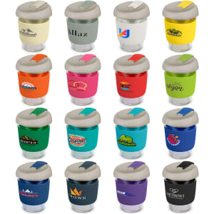 A drink bottle featuring a variety of colours and styles, with a textured lid and transparent body.