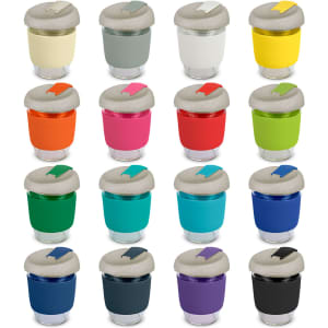 A drink bottle collection featuring various colours: grey, yellow, orange, pink, red, green, blue, and black, with a light-coloured lid and logo.