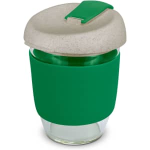 A drink bottle featuring a clear glass body, green silicone sleeve, and a natural-coloured lid with a clip.