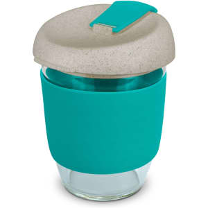 A drink bottle featuring a teal silicone sleeve, clear glass body, and a beige lid with a clip. It has a logo design on it.