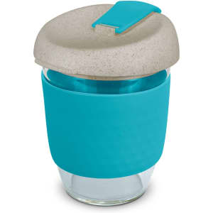 A drink bottle featuring a turquoise silicone sleeve and a light grey lid, made from natural materials.
