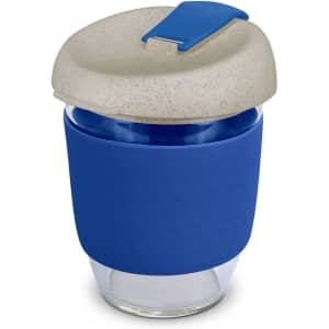 A drink bottle featuring a clear glass body with a blue silicone sleeve and a beige lid. It has a logo on the lid.