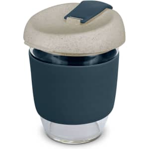 A drink bottle featuring a natural beige lid and a dark blue silicone sleeve, made of glass. It has a logo.