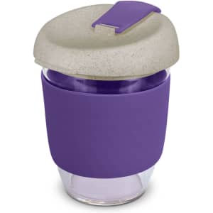 A drink bottle featuring a natural grey lid, purple silicone sleeve, and transparent base. Includes a logo.