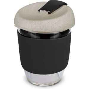 A drink bottle featuring a glass base, black silicone sleeve, and a light grey lid with a clasp. It has a logo.