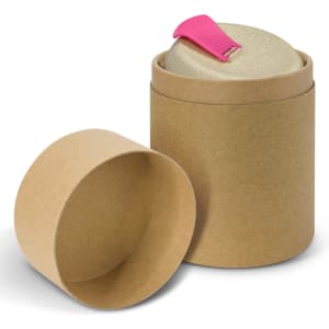 A drink bottle with a pink lid in a natural-coloured cardboard container, featuring an outer sleeve.
