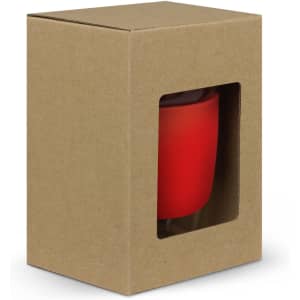 A drink bottle in red, presented in a brown cardboard box with a clear window. The box has an accompanying logo.