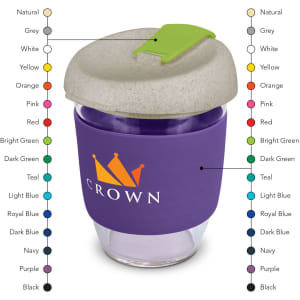 A drink bottle featuring a purple body, a grey lid, and a green toggle, with a logo displayed on the front.