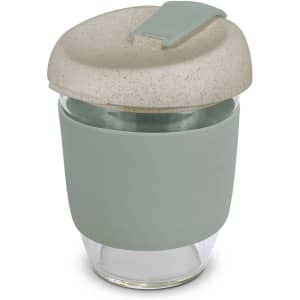 A drink bottle featuring a transparent glass body, a soft green silicone sleeve, and a speckled green lid.