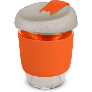 A drink bottle with a clear base, orange silicone sleeve, and grey lid featuring an orange clip.