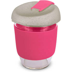 A drink bottle with a transparent body, pink silicone sleeve, and a beige lid featuring a clip.
