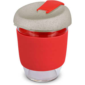 A drink bottle featuring a clear glass body, red silicone sleeve, and a grey lid with a red clip.