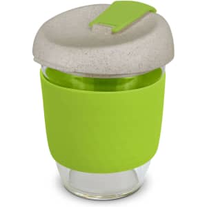 A drink bottle featuring a clear glass body, green silicone sleeve, and a light grey lid. It has a logo.
