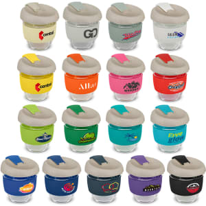 A drink bottle collection featuring various colours and styles, each with a secure lid and a logo.