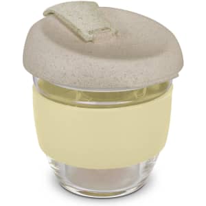 A drink bottle with a clear glass body, beige lid, and soft yellow silicone band. It features a logo.
