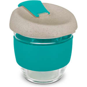 A drink bottle featuring a clear glass body with a teal silicone sleeve and a light grey lid. It has a logo.