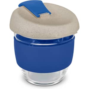 A drink bottle featuring a clear glass body, blue silicone band, and a natural-toned lid with a logo.