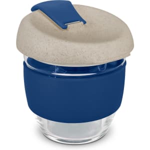 A drink bottle made of glass with a natural beige lid and navy silicone band, featuring a logo on the side.