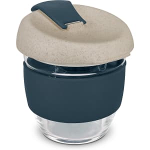 A drink bottle featuring a natural speckled lid and a navy silicone sleeve, with a clear glass body.