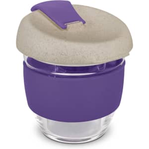A drink bottle with a clear glass body, featuring a beige lid and a purple silicone grip. It has a logo on the lid.