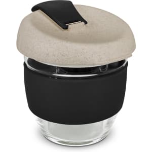 A drink bottle featuring a natural speckled lid and a black silicone sleeve, with a clear glass body.