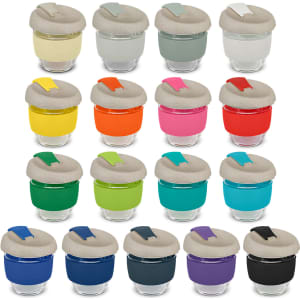 A drink bottle collection featuring various colours with clear bases and textured lids. Each bottle has a logo.