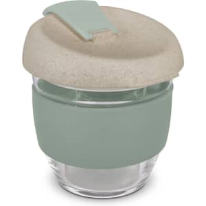A drink bottle in green and natural tones, featuring a reusable glass body and a secure lid with a band.