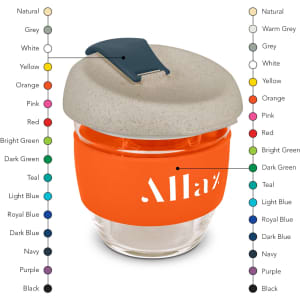 A drink bottle with a clear glass body, orange silicone sleeve, and natural-toned lid. Features a logo.