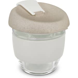 A drink bottle featuring a transparent body with a frosted glass look and a beige, textured lid.