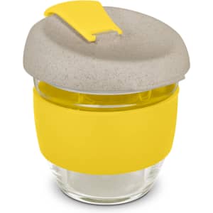 A drink bottle with a glass body, grey lid, and yellow silicone sleeve, featuring a logo on the side.