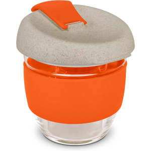 A drink bottle with a clear glass body and a grey lid, featuring an orange silicone sleeve and clip.