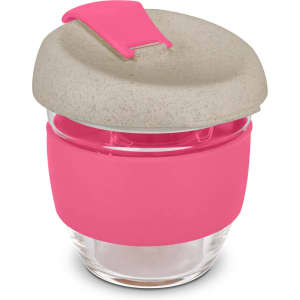A drink bottle with a transparent glass body, pink silicone sleeve, and a speckled grey lid. It features a logo.