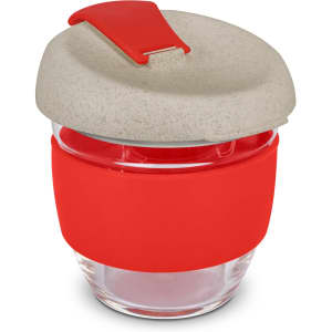 A drink bottle made of clear glass with a grey lid and a red silicone band around the middle.
