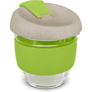 A drink bottle featuring a transparent glass body with a green silicone sleeve and a beige lid.