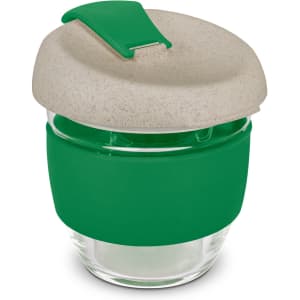 A drink bottle featuring a transparent glass body with a green silicone band and a speckled green lid.