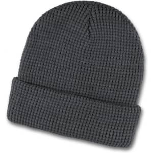 A dark grey waffle knit beanie with a folded cuff and textured design, featuring a logo.
