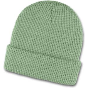 A green Galway Waffle Beanie with a textured knit design and a folded cuff. Features a logo.