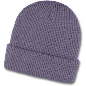 A grey waffle-knit beanie featuring a folded brim and a textured pattern. It has a branding logo.