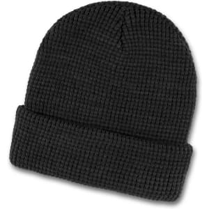 A black knitted beanie with a folded brim, featuring a logo on the side.