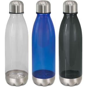 A drink bottle set featuring three translucent bottles in clear, blue, and grey, each with a metallic base and cap.