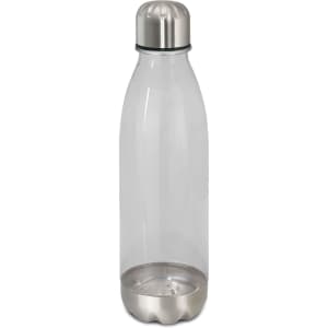 A drink bottle featuring a clear body with a stainless steel base and a silver top, showcasing a sleek design.