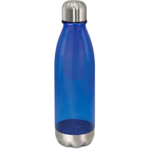 A drink bottle with a translucent blue body and a stainless steel base and cap, featuring a logo.