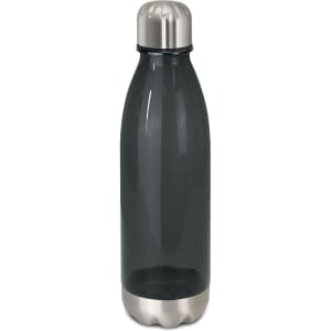 A drink bottle with a translucent grey body and a stainless steel cap, featuring a logo on the front.
