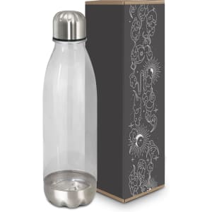 A drink bottle with a translucent body and silver cap, placed next to a decorative box featuring intricate designs.