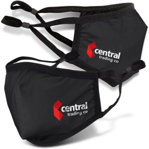 Two premium reusable cotton face masks in black, featuring adjustable ear straps and a logo.