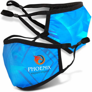 Two blue reusable face masks with an abstract design and a branded logo on one mask.