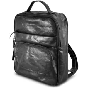 A black leather backpack with a top handle and a front pocket, featuring adjustable straps on the back.