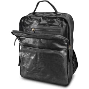A black leather backpack featuring multiple compartments and a simple design, complete with a logo on the front.