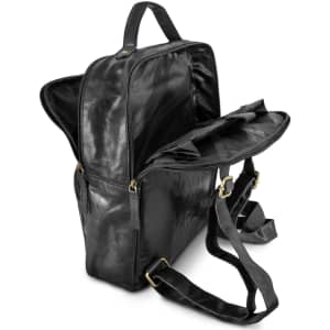 A black leather backpack with adjustable straps and multiple interior compartments. It features a logo.