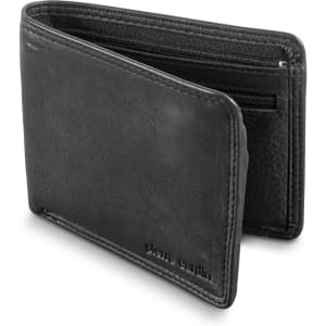 A black leather wallet featuring a zipper and a branding logo, with an open design and multiple compartments.